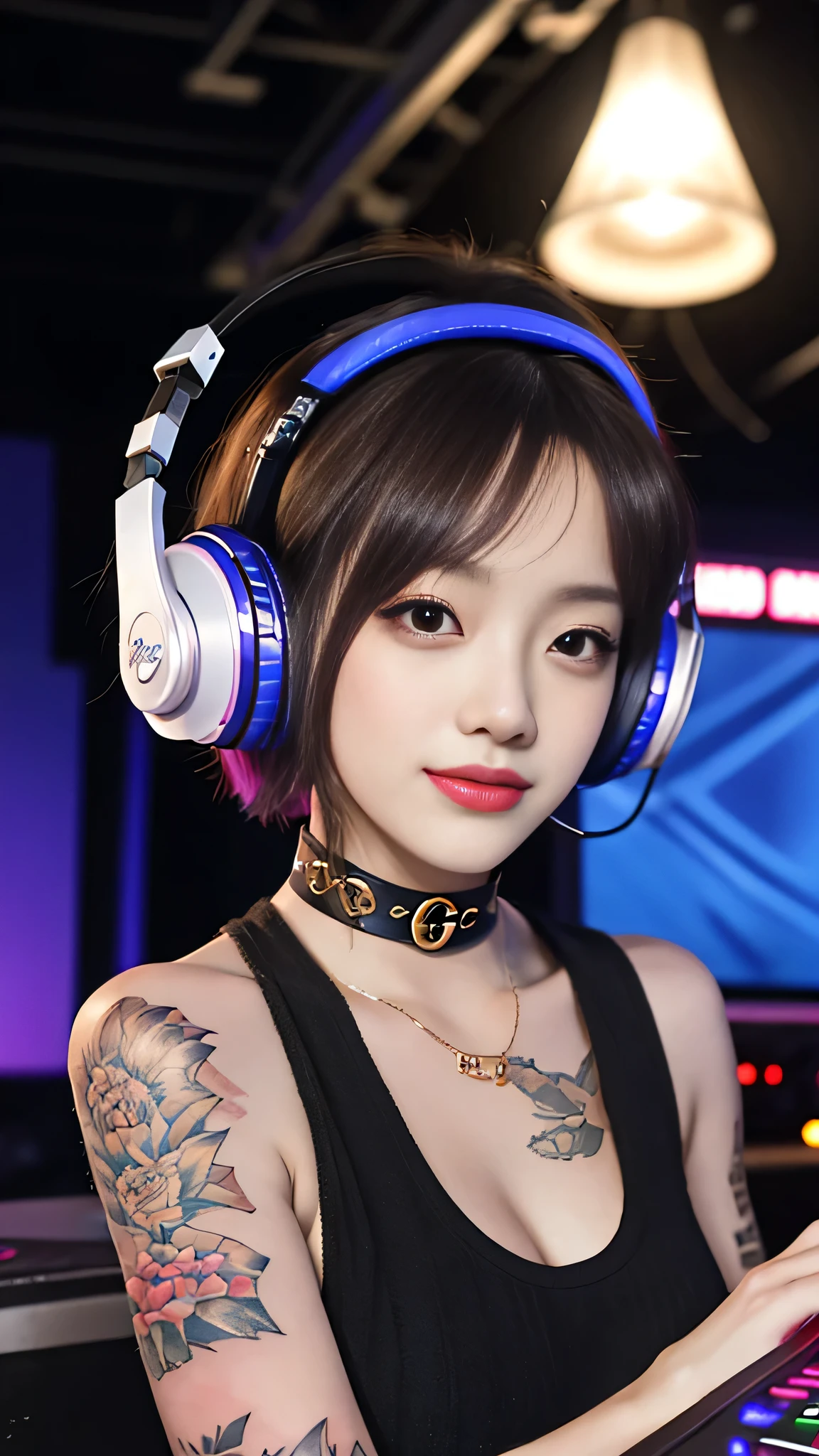 best qualityer,Masterpiece artwork,ultra-high resolution,(Fidelity:1.4),(b&au:1.3),professional,Photograph of,1个Giant breast Girl,Barra Dee,Girl using headphones,dj no bar,trunk,Uma dj feminina,Look at the crowd,dj, Cabine de dj,dj Player,Stage lighting,(Buzz Cut:1.1),(Tattooed with:1.1),cheerfulness,and that,gucci, Versace,cruel,choker,views