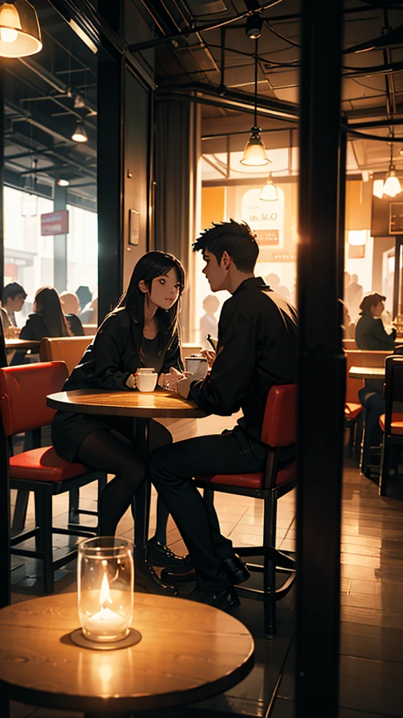 A young couple is sitting inside a cafe. The girl is wearing short clothes with, big hips,  Colorful lights are burning in the cafe. Moody color, Sharpness 