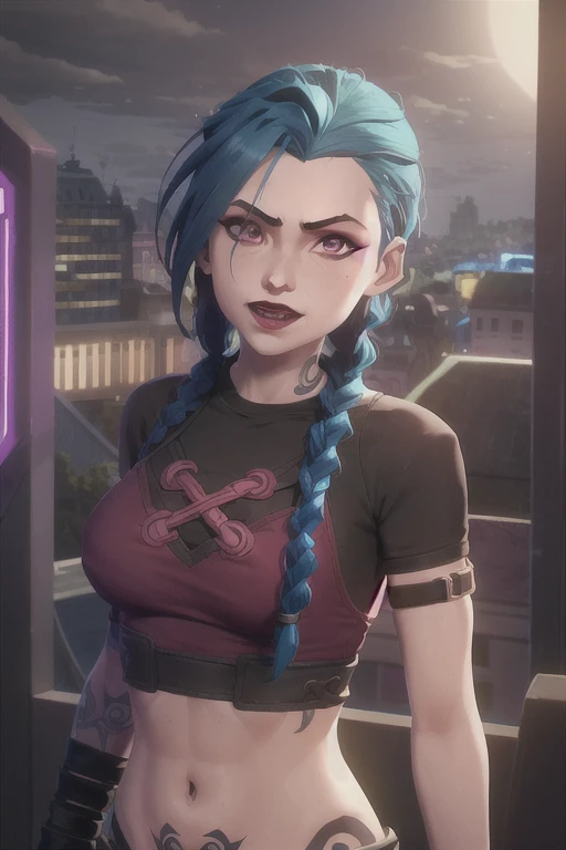 arcane style,
1 girl, arm tattoo, asymmetrical smooth, smooth, blue hair, braid, brown shirt, cloud tattoo, look at viewer, laugh, Crazy, laughอย่างควบคุมไม่ได้, Looks crazy., nighttime, city, green hair, long hair, Diaphragm, pink eyes, red lips, shirt, alone, stand, tattoo, twin braids, upper body, arcane Nemesis, Nemesis \(league of legends\)