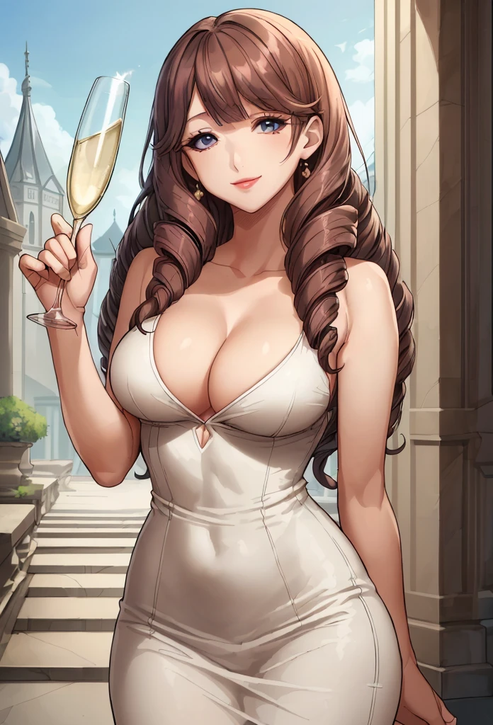 perfect eyes:1.2, detailed eyes:1.4, hall, smile, chandelier, Kurayoshi_R, holding a champagne glass, cleavage, large breasts, white dress, pelvic curtain, long dress, medium full shot, thigh-level shot, 1girl,(masterpiece:1.6, best quality),