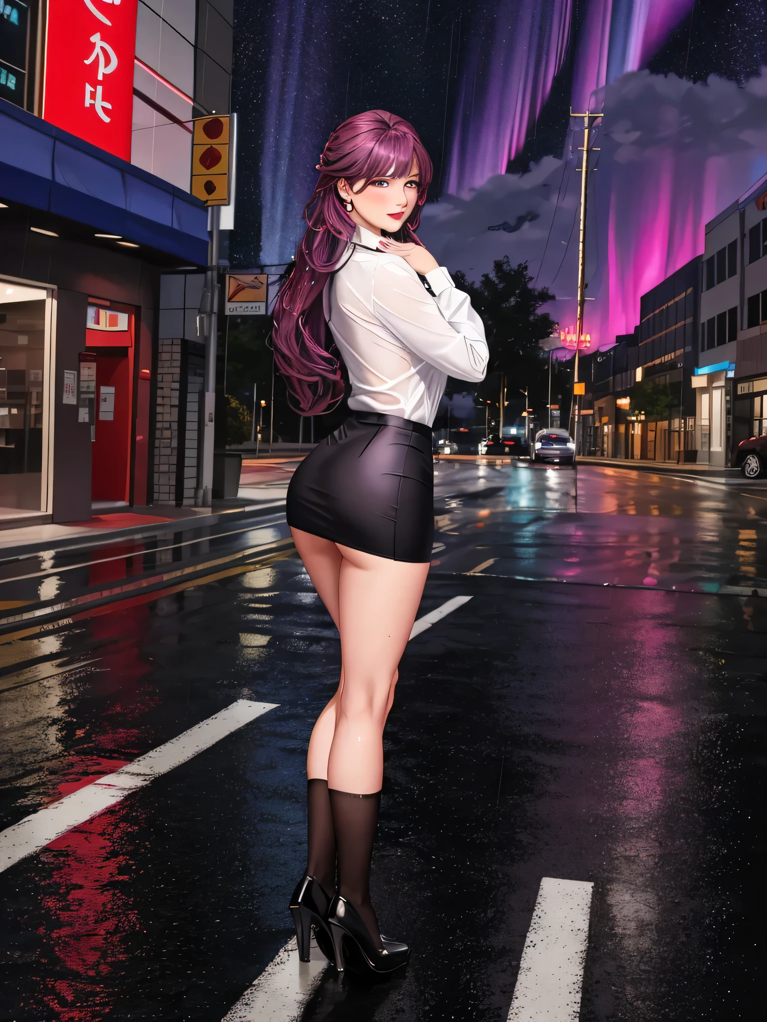 office lady, high resolution, Masterpiece, Anatomically correct, Highly detailed, realistic textures, blushing, dark purple hair, , big breasts, BIG ASS, purple eyes, woman is salking on street, night sky, aurora backgroung, white shirt, short skirt, full body, Embarrassed, serious, Contemptuous look, red lips, Big eyes, secretary uniform, sexy lady, rain, shadow on the road, lion on electricity post, Wet shirt, diamond eyes, wear black stocking, Embarrassed, A thin smile., looking at the audience, with a real cat and rise hair, lickings mouth, long hair, I put my hair behind one ear., long hair, wear white shirt, wear black suit, realistic textures, high resolutionสุด, very detailed, quality, a boyfriend hug woman and touch ass, sweet moment