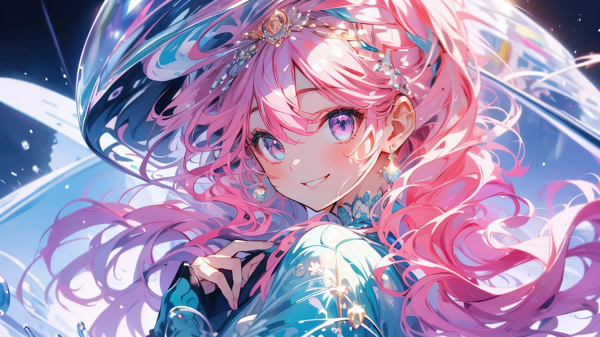 Masterpiece、Pink Hair、Delicate eyes、smile、Tied up hair、Beautiful hair ornament、Upper Body、night、Ocean