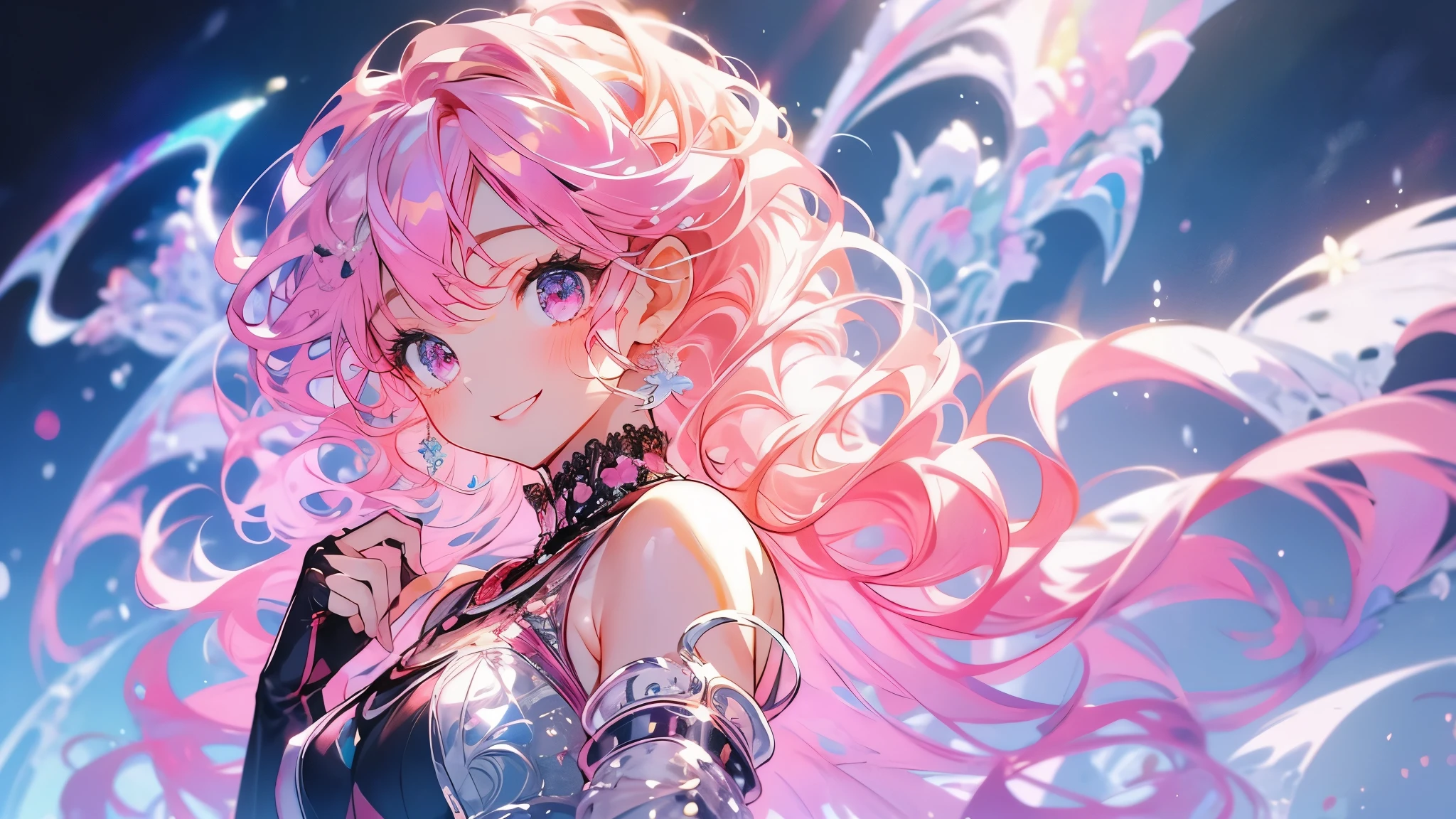 Masterpiece、Pink Hair、Delicate eyes、smile、Tied up hair、Beautiful hair ornament、Upper Body、night、Ocean