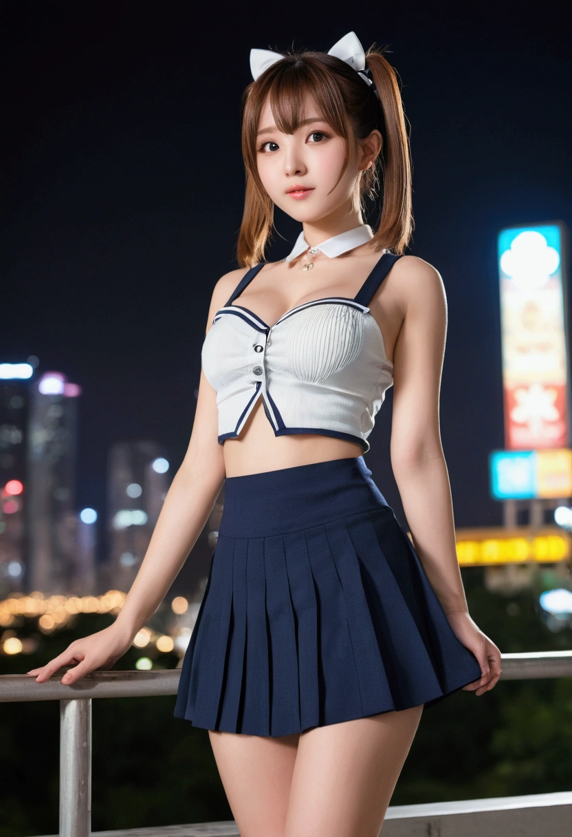 (Highest quality,masterpiece:1.3,Ultra-high resolution),(Very detailed,8k),(Realistic:1.4,RAW shooting)。Blurred Background、Looking at the audience、Embarrassed look、18-year-old girl、Twin tails、Cute idol、A cup breasts、City of night。Night view。Micro Pleated Mini Skirt、Are standing、Standing posture、Look forward、Nipplesが見えている、Take off your tops、Nipples、topless、Upper body naked