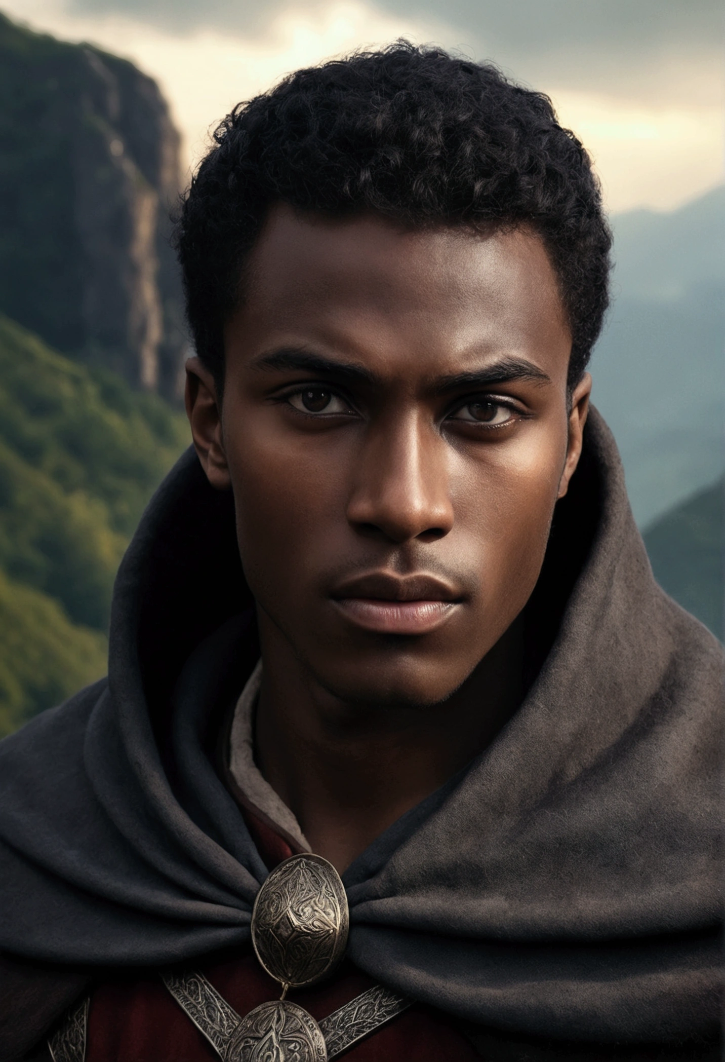 a mysterious young and handsome medieval warrior, simple cloak, dark skin, attractive eyes, extremely detailed facial features, handsome young man, mountain background, chiaroscuro lighting, dramatic atmosphere, cinematic composition, dark fantasy, soft colors, realistic, photorealistic