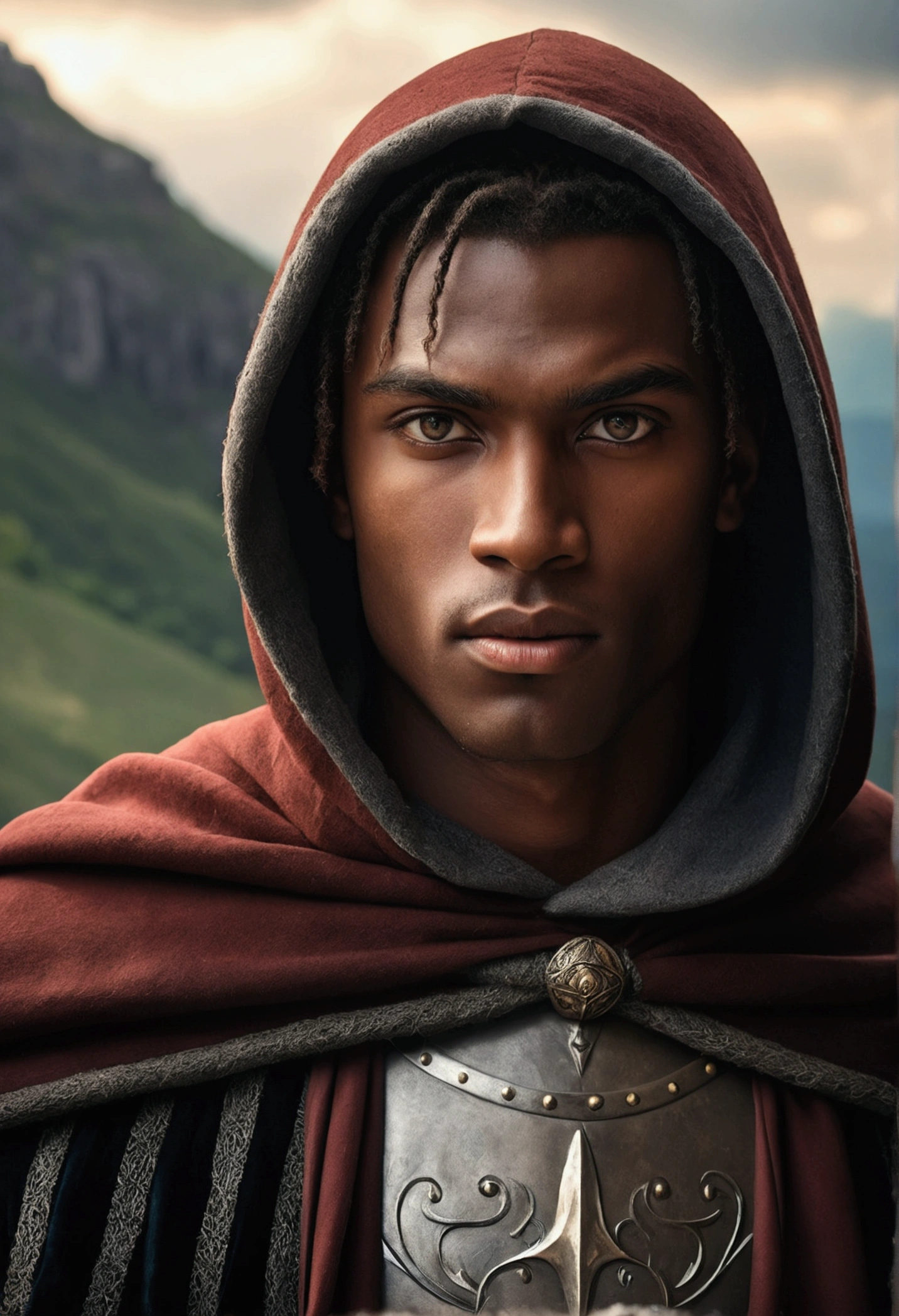 a mysterious young and handsome medieval warrior, simple cloak, dark skin, attractive eyes, extremely detailed facial features, handsome young man, mountain background, chiaroscuro lighting, dramatic atmosphere, cinematic composition, dark fantasy, soft colors, realistic, photorealistic