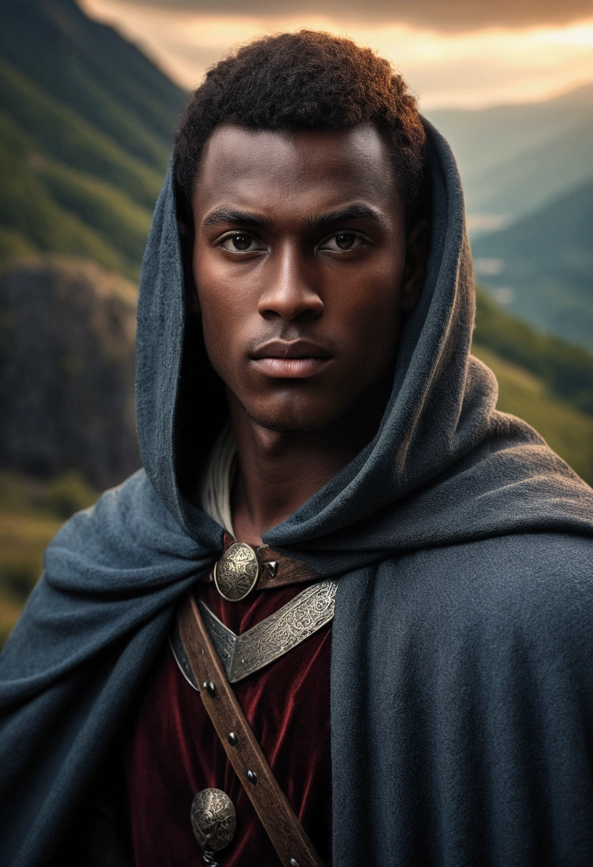 a mysterious young and handsome medieval warrior, simple cloak, dark skin, attractive eyes, extremely detailed facial features, handsome young man, mountain background, chiaroscuro lighting, dramatic atmosphere, cinematic composition, dark fantasy, soft colors, realistic, photorealistic