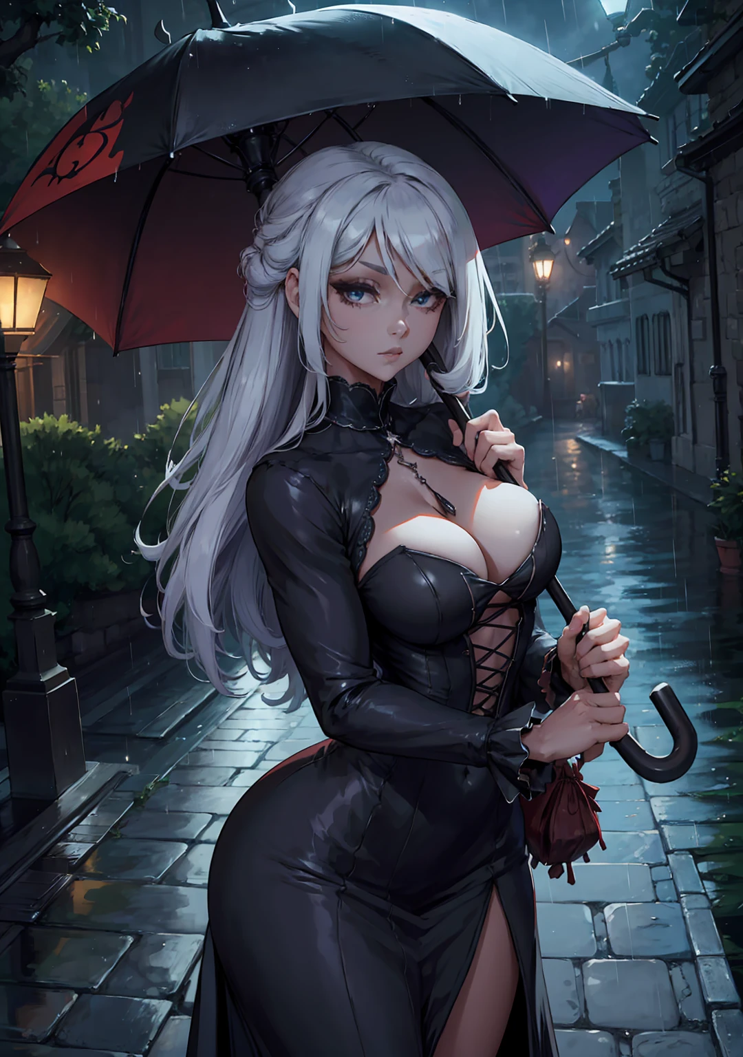 best resolution, Walppaper HD 8K, beautiful and detailed face, gothic woman wearing long dark dress holding an umbrella walking on a dark street with only one streetlight lit rainy night.