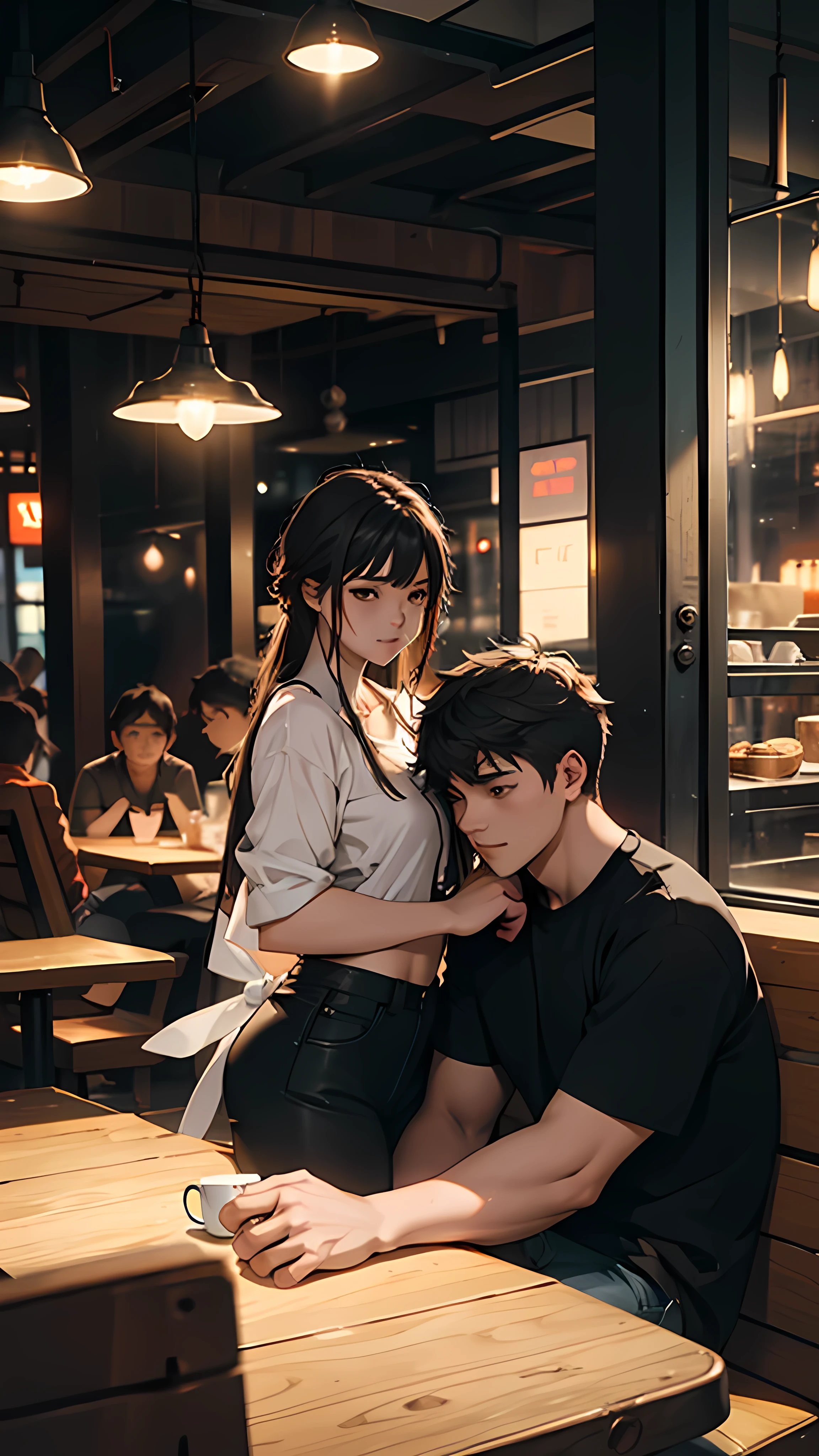 A young couple is sitting inside a cafe. The girl is wearing short clothes with, big hips,  Colorful lights are burning in the cafe. Moody color, Sharpness 