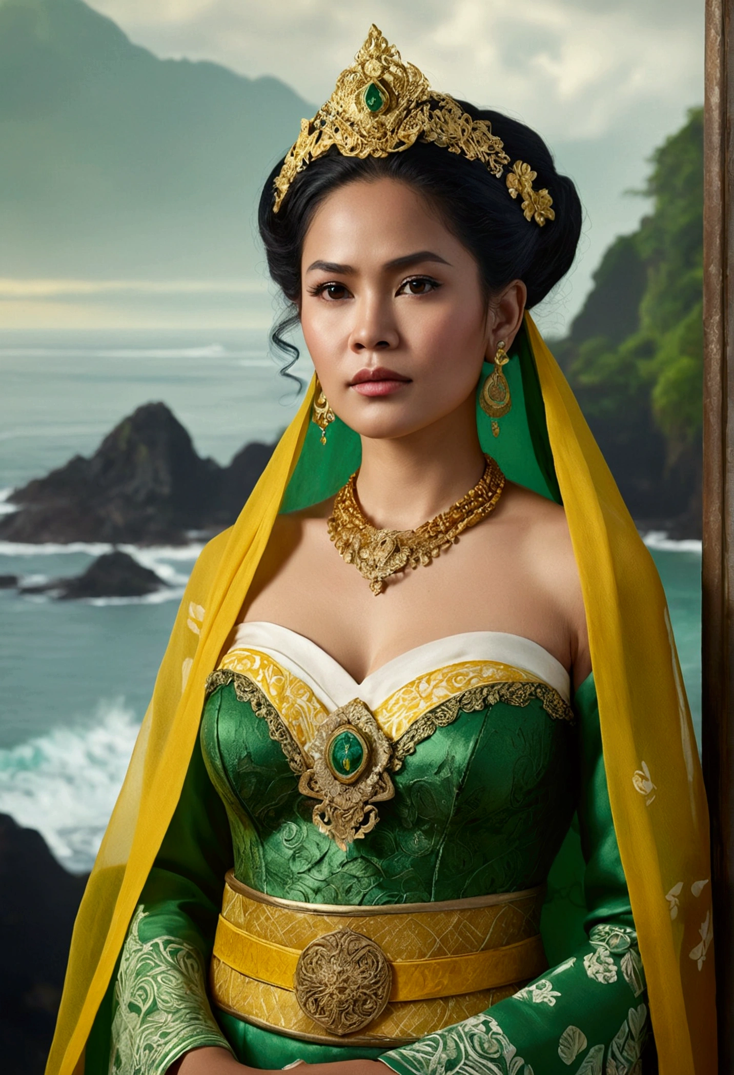 Stunning and powerful traditional attire of the Queen of the south coast of Java, surrounded by mystical mist and sea, intricate details on her clothing (green bustier, green obi, yellow shawl, gold ornamented belt, white batik cloth with intricate motifs) and her hair, realistic painting style long distance shots to capture the entire scene, studio lighting to enhance the atmosphere. High resolution, photorealistic style, with an emphasis on bright colors and dynamic lighting. Ultra-realistic photography, high dynamic range, vivid colors, 32k resolution, cinematic lighting, ultra-realistic details