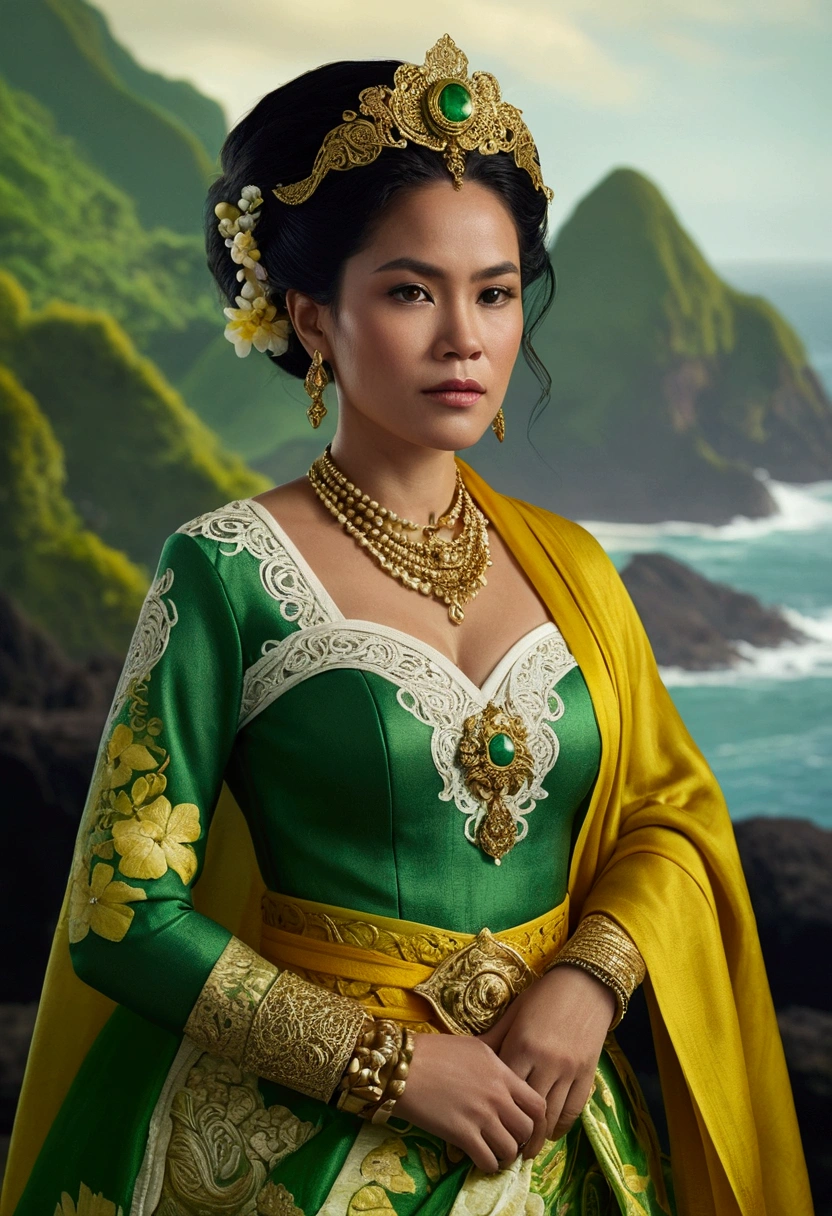 Stunning and powerful traditional attire of the Queen of the south coast of Java, surrounded by mystical mist and sea, intricate details on her clothing (green bustier, green obi, yellow shawl, gold ornamented belt, white batik cloth with intricate motifs) and her hair, realistic painting style long distance shots to capture the entire scene, studio lighting to enhance the atmosphere. High resolution, photorealistic style, with an emphasis on bright colors and dynamic lighting. Ultra-realistic photography, high dynamic range, vivid colors, 32k resolution, cinematic lighting, ultra-realistic details