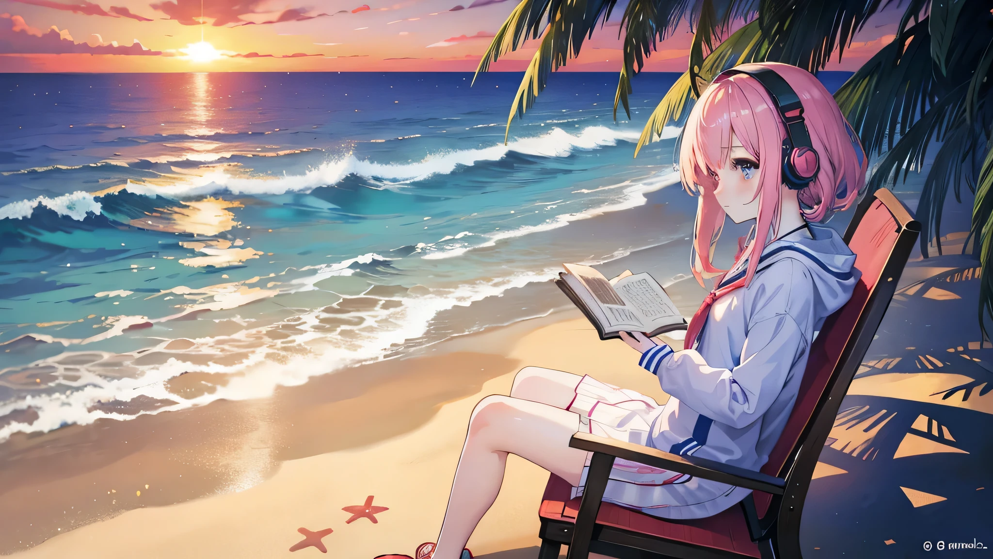 Anime style girl with headphones sitting in a chair in front of the beach studying an open book in a perfect position held by her hands, profile image in front of the beach. sunset landscape with the sun hiding.