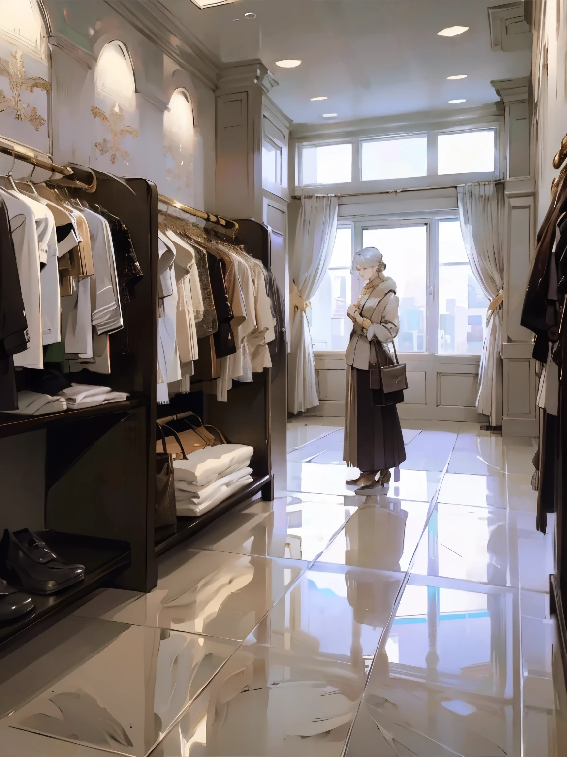 The store is a high-end, luxurious clothing boutique. The space is large and open, with high ceilings and a modern, sophisticated design. The floors are made of polished marble, and the walls are a mix of soft white and light gray tones, giving the space an elegant and clean look. There are large, full-length mirrors strategically placed throughout the store, adding depth and allowing customers to see their outfits from all angles.

The lighting is soft and warm, with a combination of recessed lights in the ceiling and stylish chandeliers hanging down, creating a welcoming and upscale atmosphere. The store is furnished with sleek, contemporary furniture, including comfortable seating areas with plush velvet chairs and small coffee tables.

The clothing is displayed on gold and chrome racks that are evenly spaced, making it easy to browse. There are also several mannequins dressed in the latest fashions placed around the store. In addition to the clothing racks, there are elegant wooden tables showcasing accessories like handbags, jewelry, and shoes. The store's entrance features large glass doors, and the front window displays are designed to showcase the latest trends and high-end pieces, drawing customers in with their stylish and sophisticated arrangements.

At the back of the store, there is a spacious and luxurious fitting area with private changing rooms. Each changing room is decorated with high-quality materials, including velvet curtains, soft carpeting, and comfortable seating. The store also features a VIP area for exclusive customers, offering personalized shopping experiences with private consultations.

Overall, the luxury clothing store exudes an air of exclusivity and elegance, with every detail carefully designed to create a refined and luxurious shopping experience.
