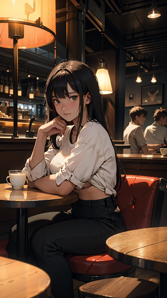A young couple is sitting inside a cafe. The girl is wearing short clothes with, big hips, Colorful lights are burning in the cafe. Moody color, Sharpness