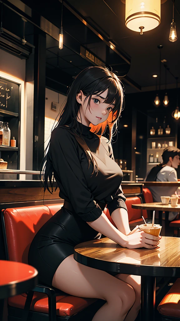 A young couple is sitting inside a cafe. The girl is wearing short clothes with, big hips,  Colorful lights are burning in the cafe. Moody color, Sharpness 