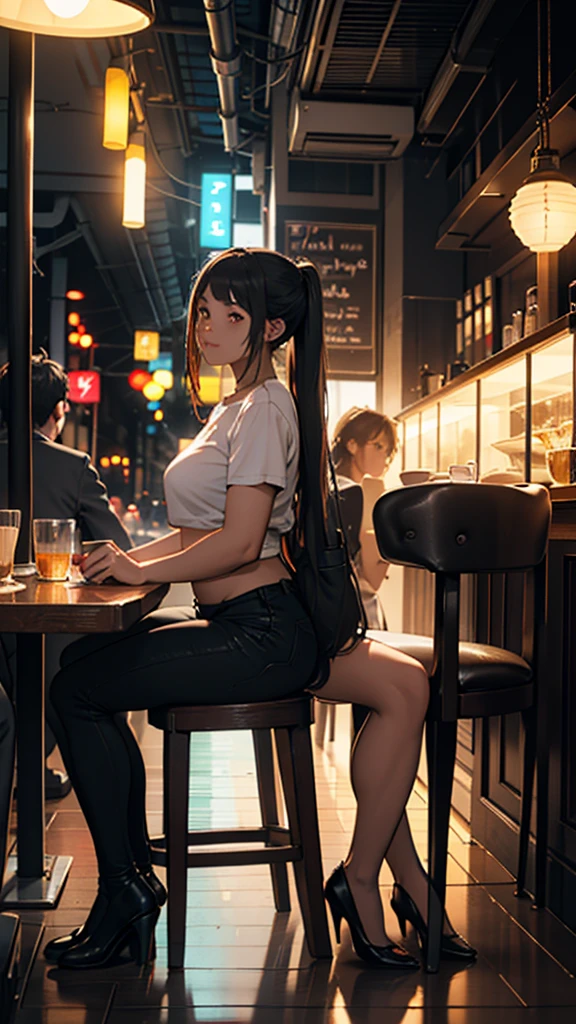 A young couple is sitting inside a cafe. The girl is wearing short clothes with, big hips,  Colorful lights are burning in the cafe. Moody color, Sharpness 