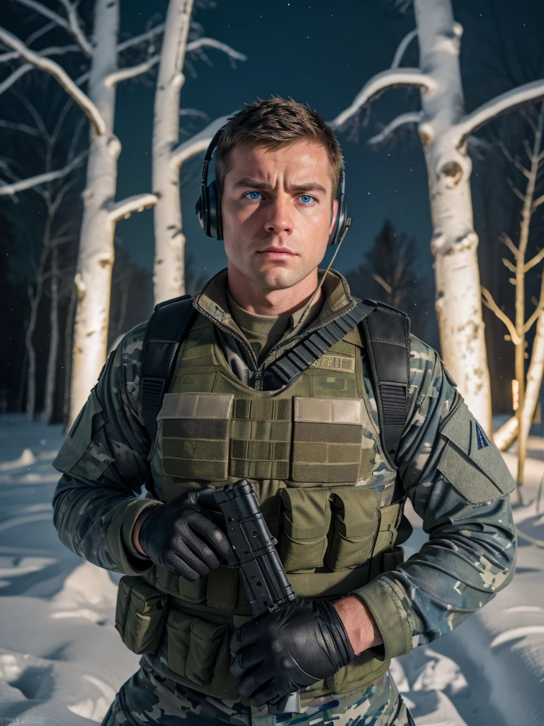 male soldier, British face, rude and angry expression, white skin, blue eyes, very short hair, wears military uniform, blue and gray camouflage uniform, bulletproof vest, headphones, communicator, cables, holds a rifle, black leather gloves, is outside a wild snowy Russian forest, night, dark night, low light, 4k, Ultra detailed image, realistic, Highly detailed, perfect composition, gorgeous, Intricately detailed, incredibly detailed, Art photography 8K, hyper detailed, Masterpiece, Ultra detailed, hyper realistic, 4k, Ultra detailed image, realistic, Highly detailed, perfect composition, beautiful, intricately detailed, incredibly detailed, art photography 8k, hyper detailed, masterpiece