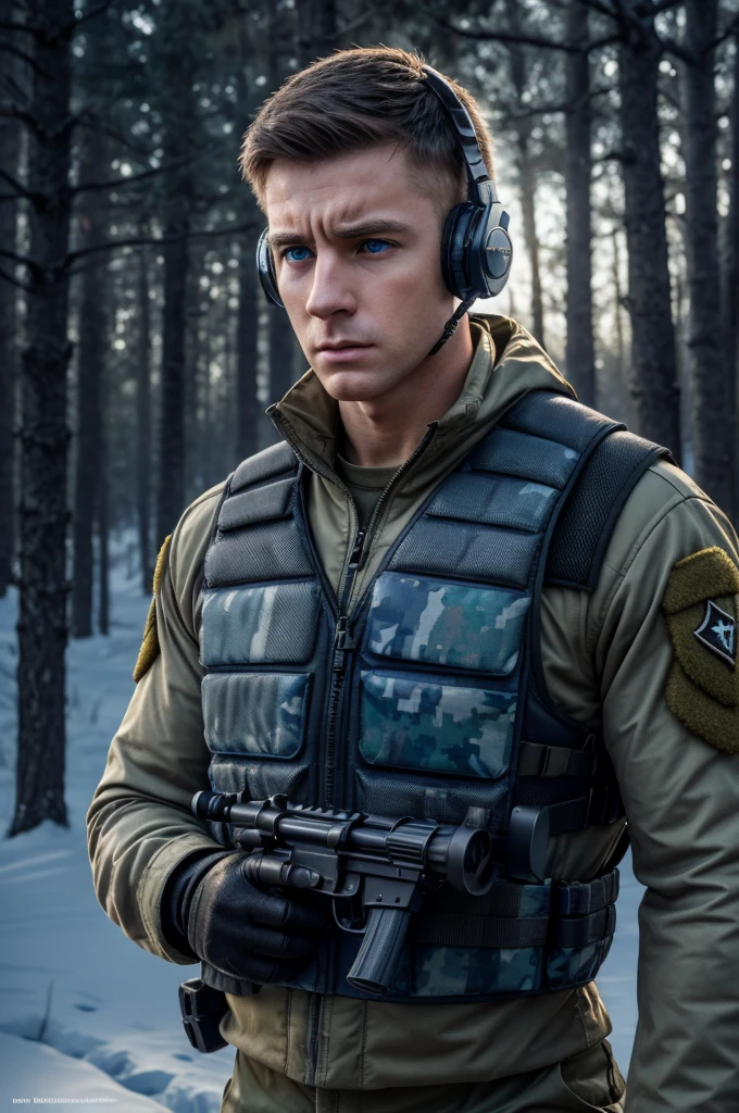 male soldier, British face, rude and angry expression, white skin, blue eyes, very short hair, wears military uniform, blue and gray camouflage uniform, bulletproof vest, headphones, communicator, cables, holds a rifle, black leather gloves, is outside a wild snowy Russian forest, night, dark night, low light, 4k, Ultra detailed image, realistic, Highly detailed, perfect composition, gorgeous, Intricately detailed, incredibly detailed, Art photography 8K, hyper detailed, Masterpiece, Ultra detailed, hyper realistic, 4k, Ultra detailed image, realistic, Highly detailed, perfect composition, beautiful, intricately detailed, incredibly detailed, art photography 8k, hyper detailed, masterpiece