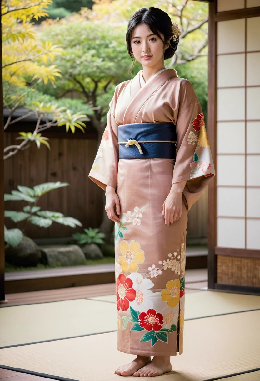 Front view , ((Full-body, standing on tatami), a Japanese ancient girl, looking at viewer, beautiful Japanese Young General, girl is 20 years old, (Highly detailed face, Black hair ,Brown eye, Variegated eyes, Fuller lips, little Lips, little smile), (middle breasts, middle hip), (Japanese kimono, flower pattern), standing in Japanese Palace, near Garden, sunset ,(masterpiece, Highest quality, masterpiece, God-like quality, Godly art, , Very realistic)
