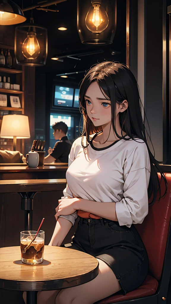 A young couple is sitting inside a cafe. The girl is wearing short clothes with, big hips, Colorful lights are burning in the cafe. Moody color, Sharpness