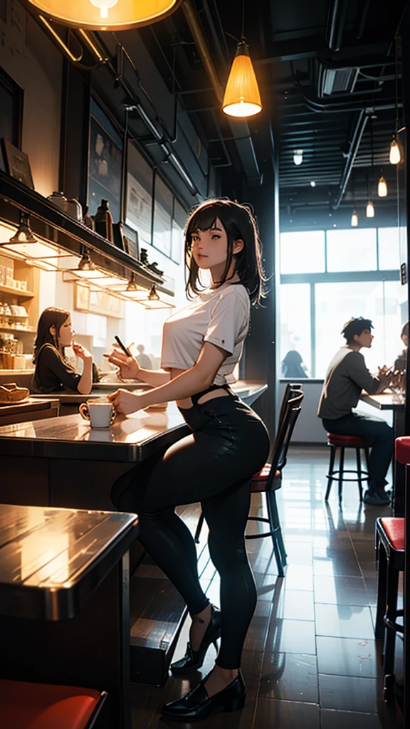 A young couple is sitting inside a cafe. The girl is wearing short clothes with, big hips,  Colorful lights are burning in the cafe. Moody color, Sharpness 