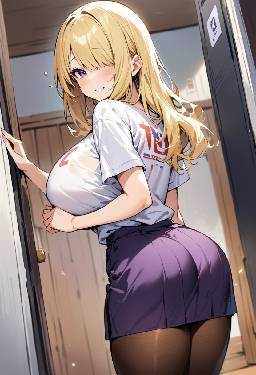 ((Best Quality)), ((masterpiece)), (detailed), 1 girl, Pastel yellow hair, Long hair, hair covers one eye, purple eyes, big breasts, big thighs, expression smiling shy, white voting t-shirt, purple skirt, brown pantyhose, looking at the viewer, view from behind, backward