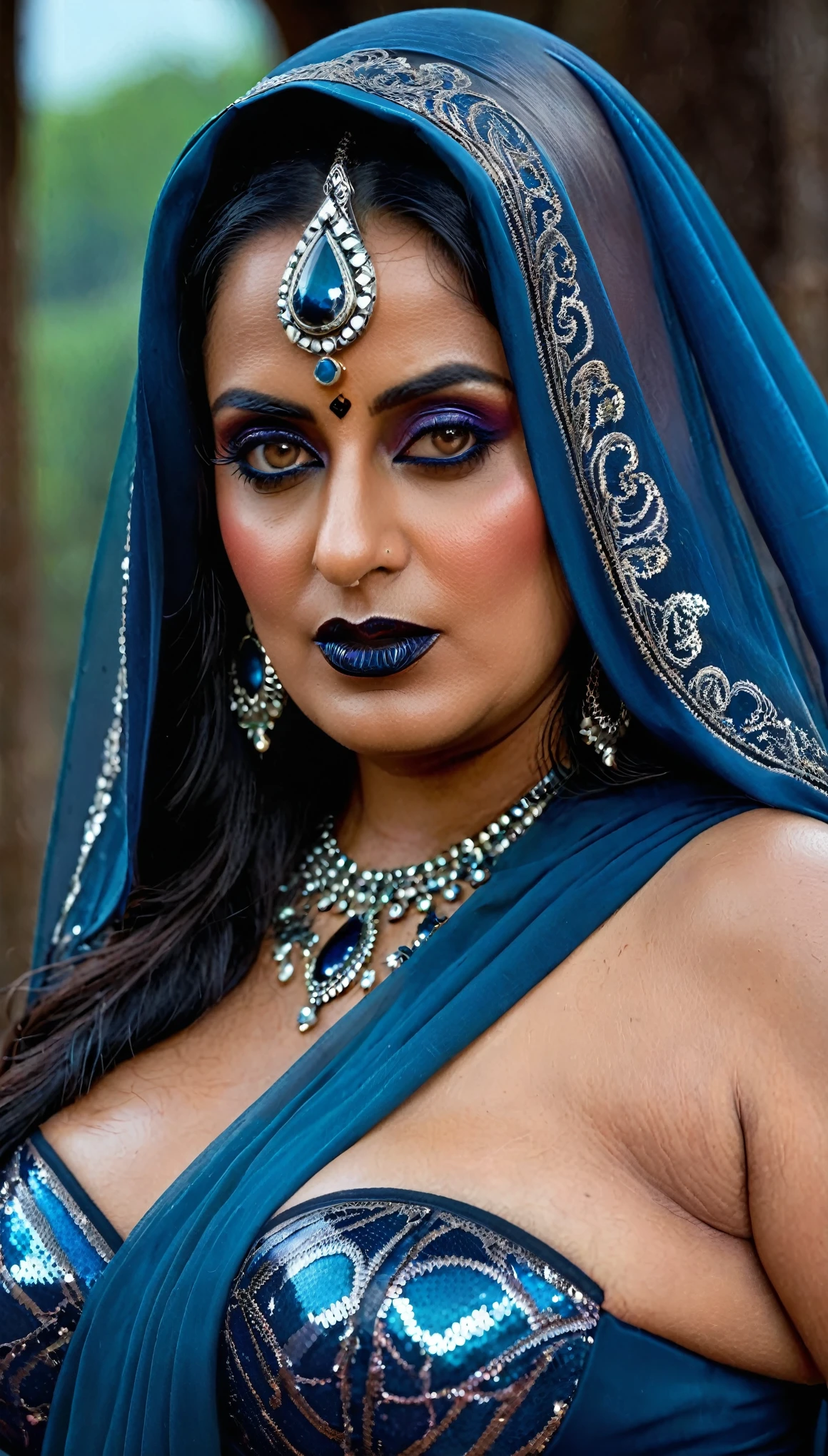 Looks like Mahie Gill, full body Closeup shot, Big chubby aunty, milf, cougar lady witch, fierce eyes, evil seductress, wide body, horny Gothic milf, 60 years old gorgeous mature lady, evil mommy, satan mommy, naughty evil momma , pervert demoness, demoness of lust, curvy, black lips, horny face, extremely gorgeous, thick figure, heavy physique, voluptuous, curvy, sexy figure, Fashionable portrait of androgynous alien looking witch wearing veil, glowing eyes, futuristic design, minimal details, givenchy, photoreal, 200mm, hd, f/ 2.0, highly detailed, surreal, sexy beautiful evil woman, sexy bold sequin Saree with strapless Bra, chudail, Pishachini, horror genre, blood-thirsty enchantress, powerful female spirit, eerie, drop dead, in the style of red and blue, (intricate details, hyperdetailed:1.15) (skin texture:1.2), dark Moody tone, cinematic lighting, haunted place in background, evil seductress, veins in the body, lifelike texture, sensual, (wet, oil-lubricated),(sweaty),