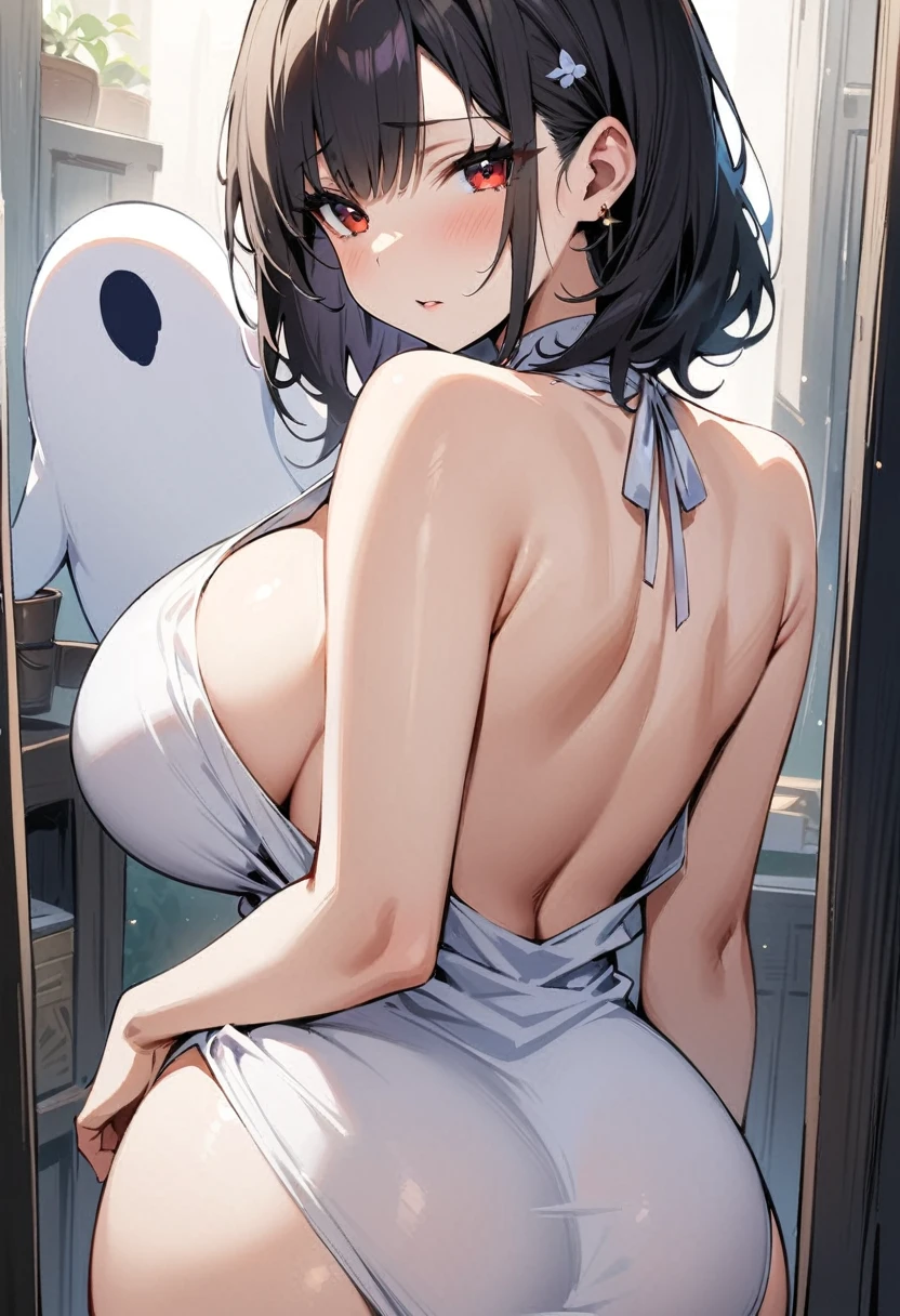 ((Best Quality)), ((masterpiece)), (detailed), 1 girl, ghost, black hair, long, Hair covers half of the face, Red eyes, big breasts, big thighs, shy expression, pale white skin, White dress, looking at the viewer, view from behind, backward