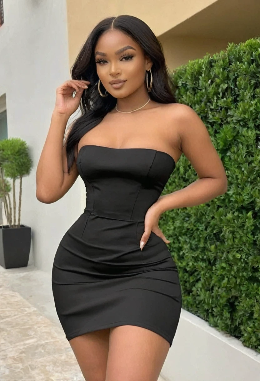 ((high quality:1.2)), (8k), extremely detailed, ((High detail:1.2)), ((best resolution:1.4)), Solo, 24 years old Angolan female, ((tight short dress strapless)), BREAK, (((perfect hourglass hot body))), (((square and defined face of an extremely perfect and beautiful model))),