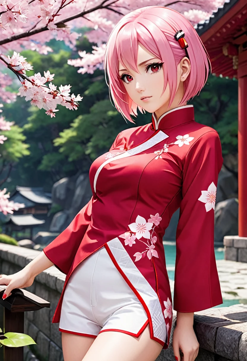 Sakura Haruno_anime naruto, pink hair bob, torn bob, (((red open qipao with white piping))), short knee-length white trousers, red pumps, crystal in the forehead shaped like a rhombus, clothes in the style of Sakura Haruno, impeccable appearance,
Masterpiece v1.0,
Masterpiece illustration, --style raw, --turbo,
