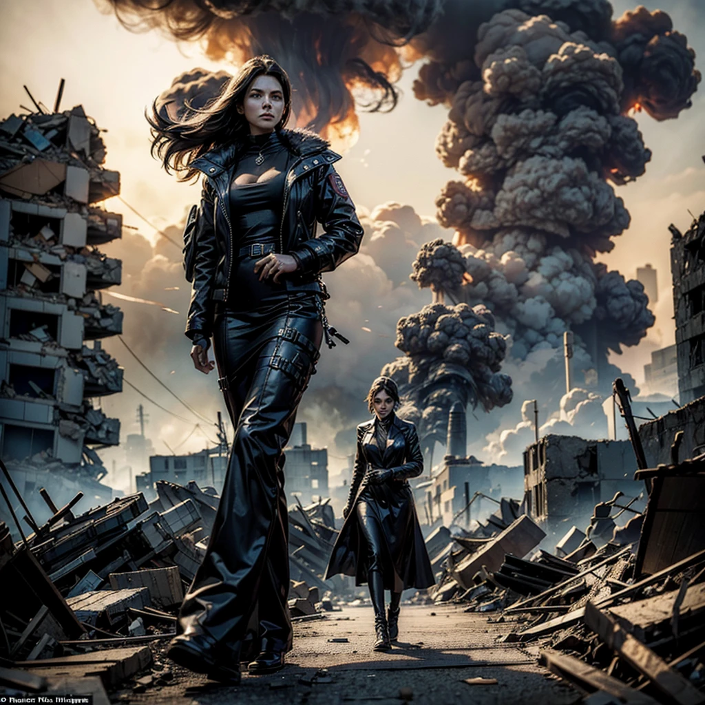 an evil and mysterious woman wanders among the rubble, in the background the smoke caused by a nuclear explosion