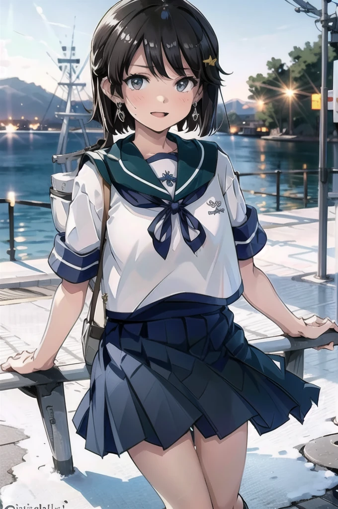 Deep Snow KC, Isonami Uniform, One girl, Solo White Seravuk, , Short sleeve, skirt, blue skirt, Twin Blade, Blue sailor collar, View your viewers,    port, port