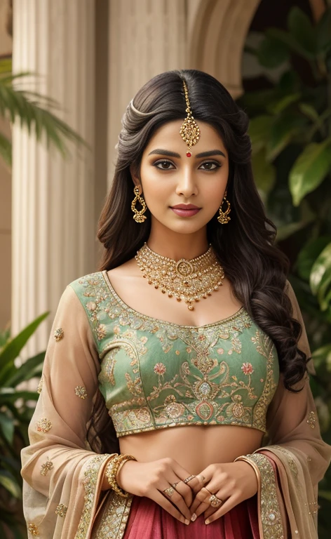 (Param Sundari:1.2), (regal woman:1.2), traditional Indian attire, richly decorated lehenga choli, intricate embroidery, vibrant colors, ((masterpiece:1.4, best quality)), ((masterpiece, best quality)), (photo realistic:1.4), 1woman, (exquisite beauty), dazzling jewelry, bangles, necklaces, earrings, maang tikka, precious gems, serene expression, large expressive eyes, gentle smile, long flowing hair, flowers in hair, delicate hair ornaments, opulent setting, royal palace, lush garden, blooming flowers, greenery, ornate patterns, paisley designs,intricate mandalas, vibrant colors, rich reds, golds, greens, soft radiant lighting, intricate details, elegant, cultural pride, divine beauty, professional lighting, physically-based rendering, Rich Detail, Perfect Image Quality