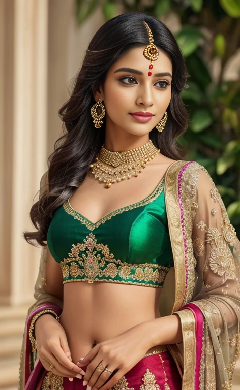(Param Sundari:1.2), (regal woman:1.2), traditional Indian attire, richly decorated lehenga choli, intricate embroidery, vibrant colors, ((masterpiece:1.4, best quality)), ((masterpiece, best quality)), (photo realistic:1.4), 1woman, (exquisite beauty), dazzling jewelry, bangles, necklaces, earrings, maang tikka, precious gems, serene expression, large expressive eyes, gentle smile, long flowing hair, flowers in hair, delicate hair ornaments, opulent setting, royal palace, lush garden, blooming flowers, greenery, ornate patterns, paisley designs,intricate mandalas, vibrant colors, rich reds, golds, greens, soft radiant lighting, intricate details, elegant, cultural pride, divine beauty, professional lighting, physically-based rendering, Rich Detail, Perfect Image Quality