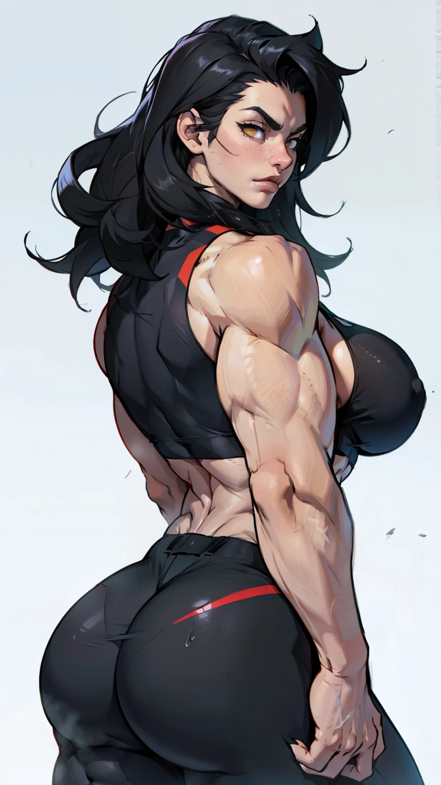 girl huge muscles breasts huge thighs breasts black hair yellow eyes pale