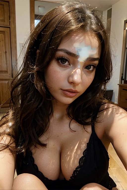 arafed, femme, à, vêtements noirs, fille sexy aux yeux marrons, Portrait Sophie Mudd, cheveux bruns et grands yeux, selfie d&#39;une jeune femme, yeux de la chambre, violette myers, sans maquillage, maquillage naturel, regarder directement la caméra, visage avec artgram, maquillage subtil, superbe photo de tout le corps, dans la chambre, clivage