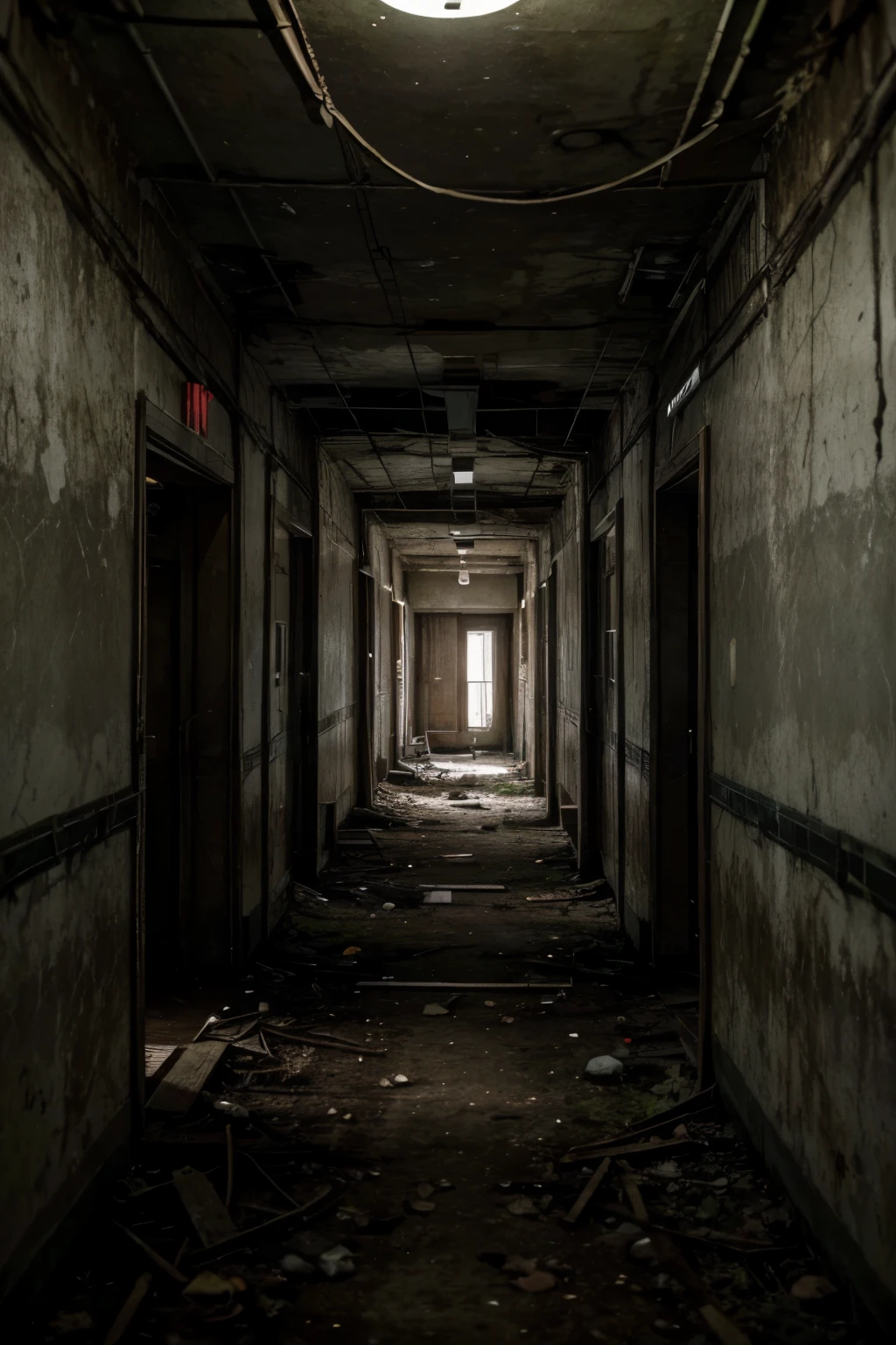 A crumbling hospital deep in the forest, surrounded by impenetrable darkness at night. The windows are broken and vines wind through the cracks in the walls. Abandoned rollaway beds lean in the hallways and faded, bloody handprints decorate the walls. The soft dripping of water seems to accompany his eerie whisper, and his very presence heightens the feeling of unease and threat.