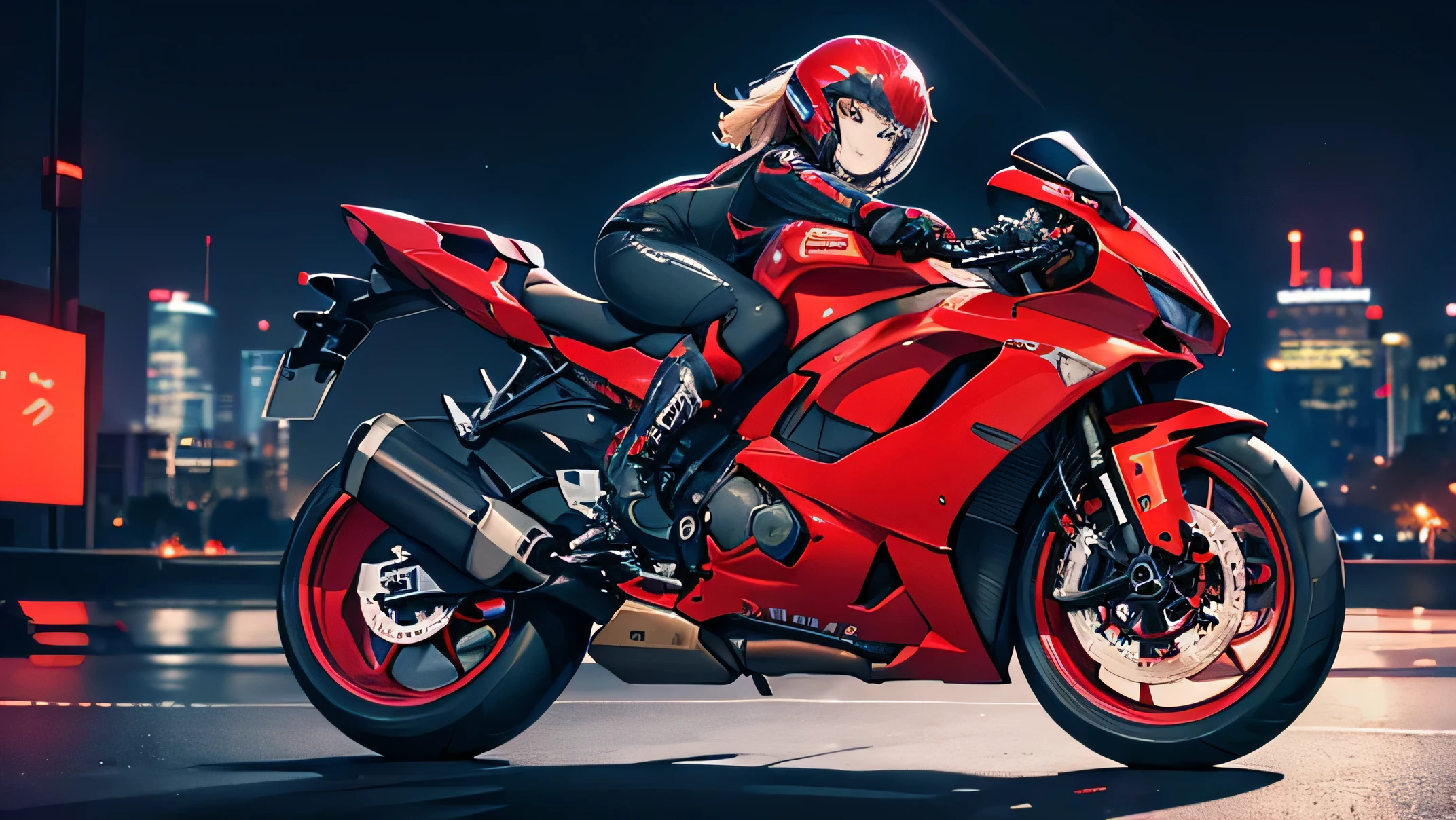 Girl riding a big red sports bike、Rider Boots、Rider Suit、Asian、Future City、Night view、Light、Crystal brilliance, Shots from afar, Backward view, Night view, A shy smile, Bokeh effect and depth of field, 