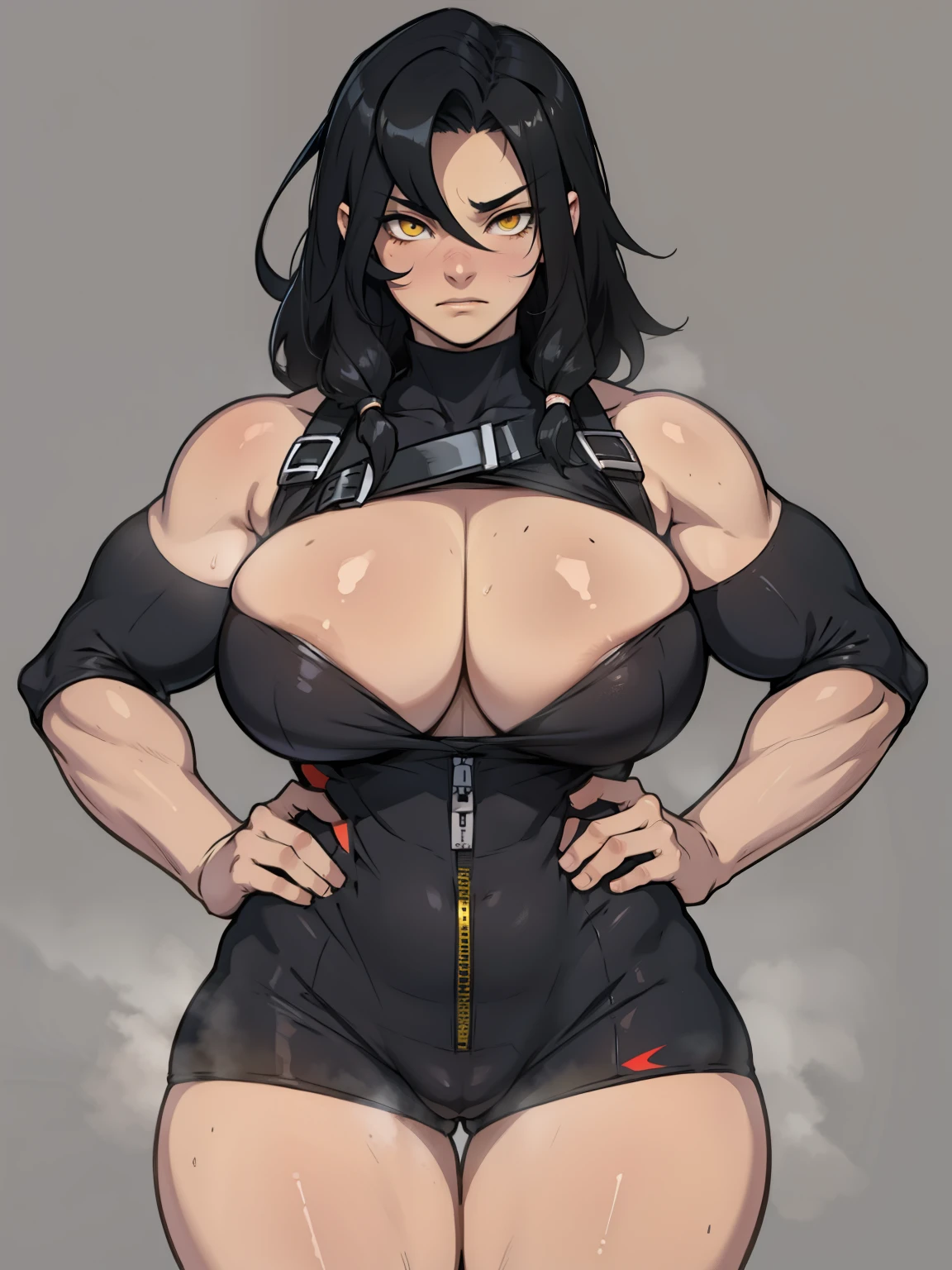 girl huge muscles brests huge thighs breasts black hair yellow eyes pale empty eyes embarrassed