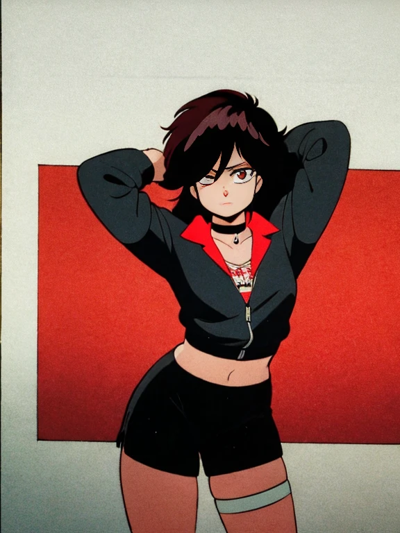 <lora:Takeshi Nakamura:0.8>, absurdres, ultra detailed, masterpiece, best quality, aesthetic, detailed,, solo, 1girl, red hair, orange eyes, amber eyes, swept bangs, parted bangs, <lora:LowTwintailsHelper:1> low twintails,
short hair, medium hair, small breasts, <lora:Tsurime3:1>, (tsurime:1.2),, leggings, leather jacket, long shirt, combat boots, hoodie,