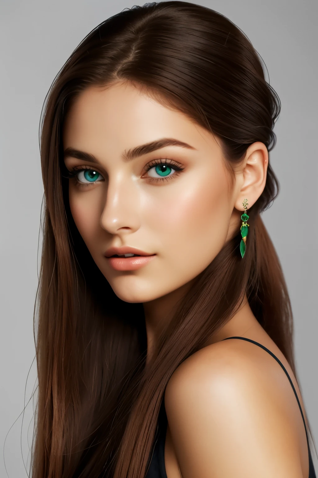 Photo of a European woman, photorealistic and high quality, shows your beautiful face with delicate features and natural complexion. Her medium red balayage hair, cascading for a long time, straight strands, has a messy ponytail that accentuates her youthful charm. With captivating green eyes and a captivating expression, she exudes an aura of mystery and fascination.

Sporting an ultra-contrast look, your skin radiates heat, sun-kissed glow, perfectly complementing the dark, smoky, sensual eyeshadow that frames your mesmerizing eyes. The most beautiful girl in the picture,