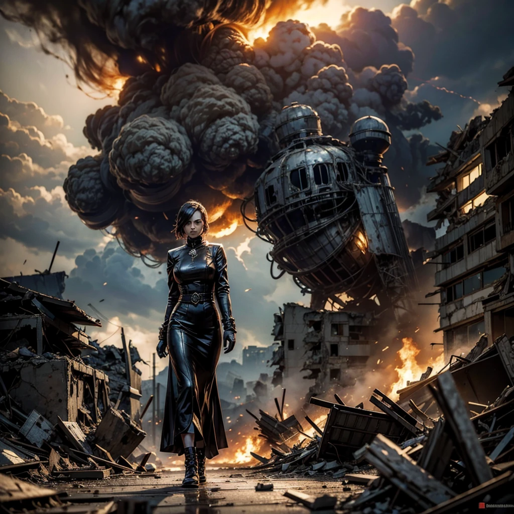 an evil and mysterious woman wanders among the rubble, in the background the smoke caused by a nuclear explosion