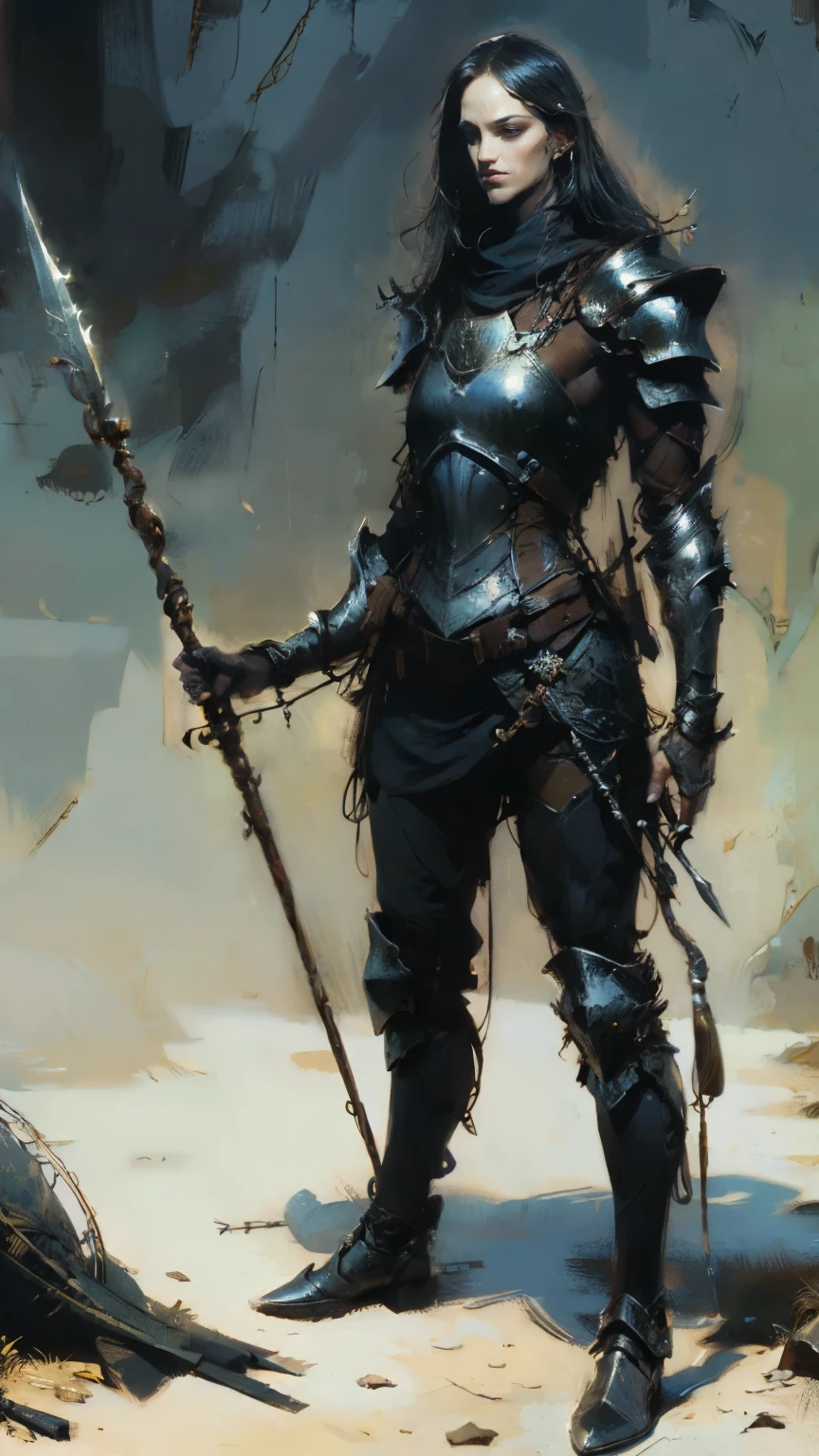 intricate detail, heavy armor, full plate mail, holding a spear