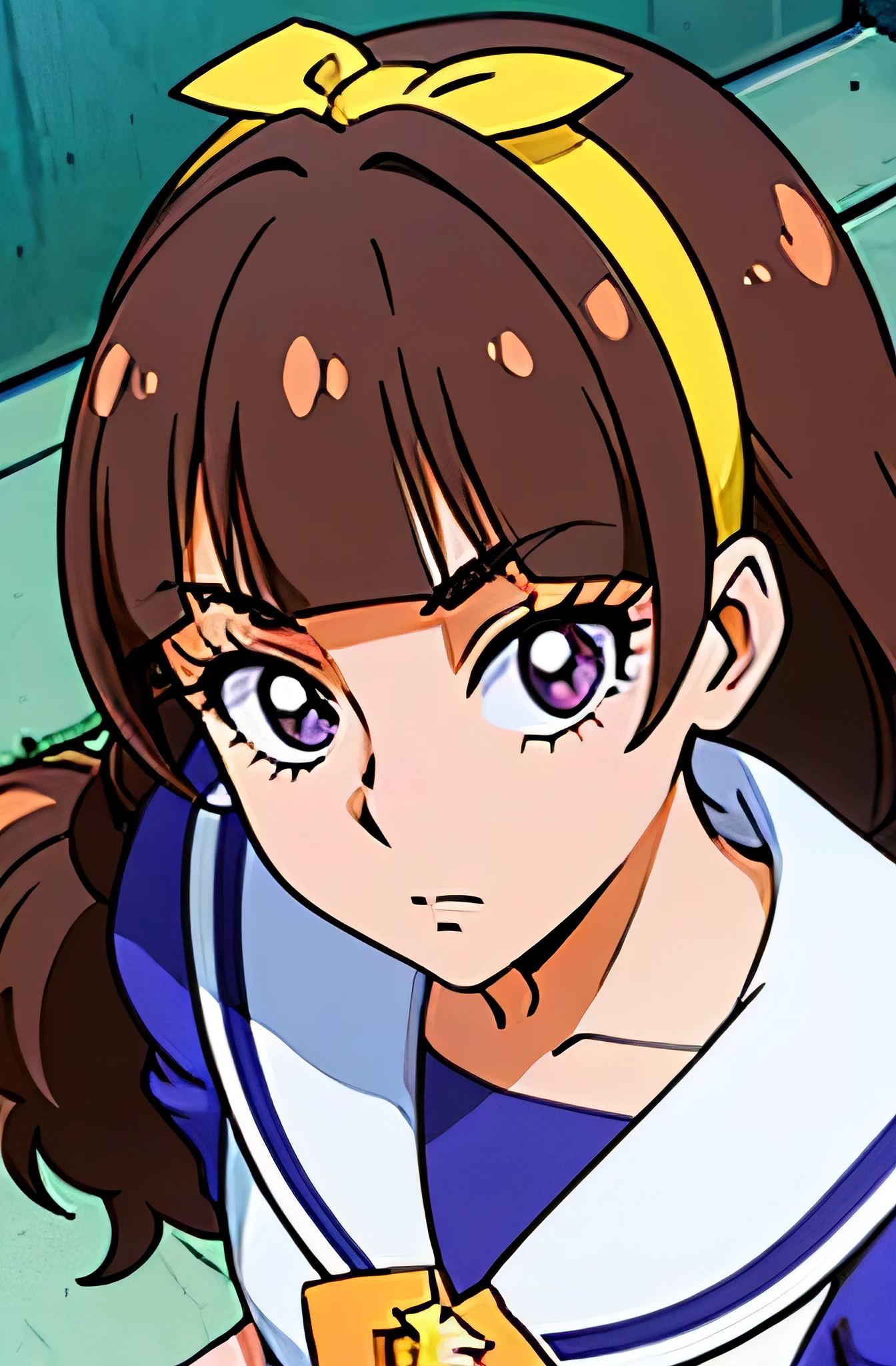 1 girl,(solo), ((amanogawaki)), (masterpiece:1.2), (high quality:1.0),looking above, (Blue and White Uniform), (ultra detailed), (Front View), (expressionless face), Brat, Adolescent, (Yellow Headband), (Orange Ribbon), From Above, White Uniform Skirt, Blue Knee Socks, Black Shoes