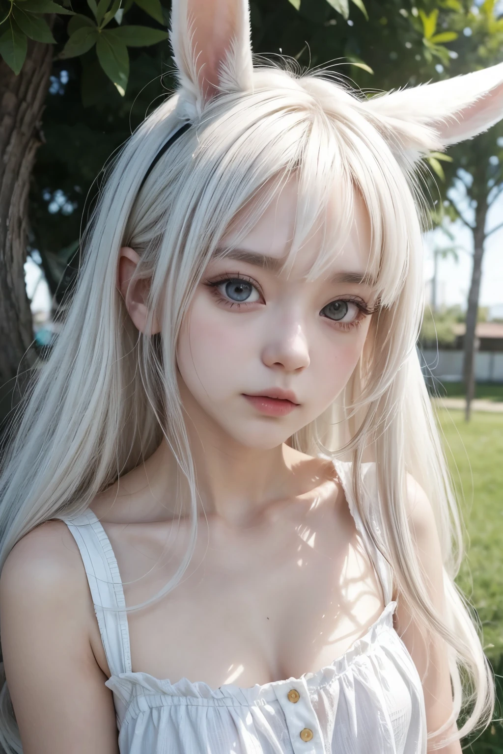 anime girl, hybrid rabbit, bee, white hair, white eyes, white rabbit ears