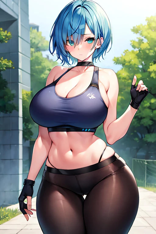 1girl, blue hair, pixie cut, very short hair, green eyes, one eye covered, hair over one eye, hair over eyes, sportswear, sports bra, gloves, black sports bra, pants, belt, forest, milf, mature female, hourglass figure, glowing eyes, shirt, large breasts, thick thighs, wide hips, blue trim, highleg panties, string panties, toned female, toned, fingerless gloves