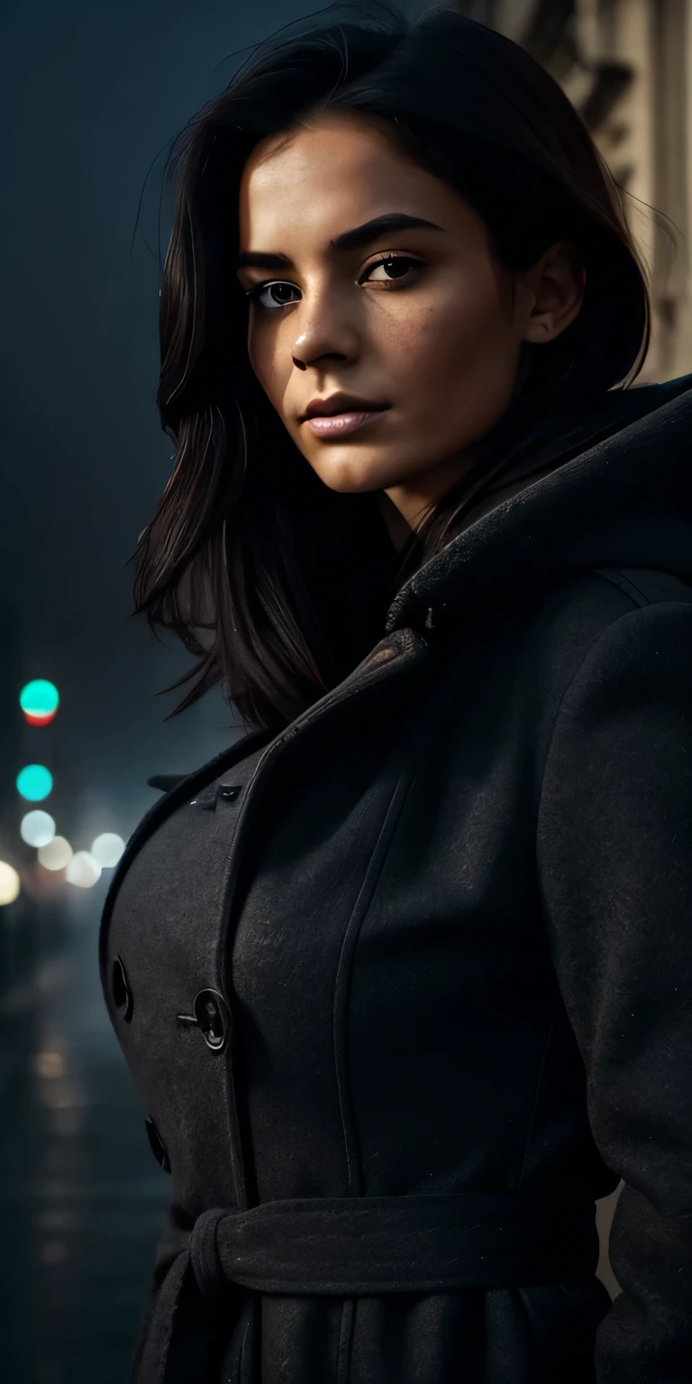 (best quality, hyperdetailed photography:1.2), beautiful lady, freckles, , soft light, head and breast portrait, cover, (detailed beautiful face, detail skin texture, ultra-detailed body:1.1) ,((massive perfect breast)), ((snoopy breast:1.1)),((apocalyptic warrior:1.0)), strong body, blue black hair, dark red eyes,,,,((long open black coat)), ((night gloomy misty, foggy,old Paris,street, night walk)),