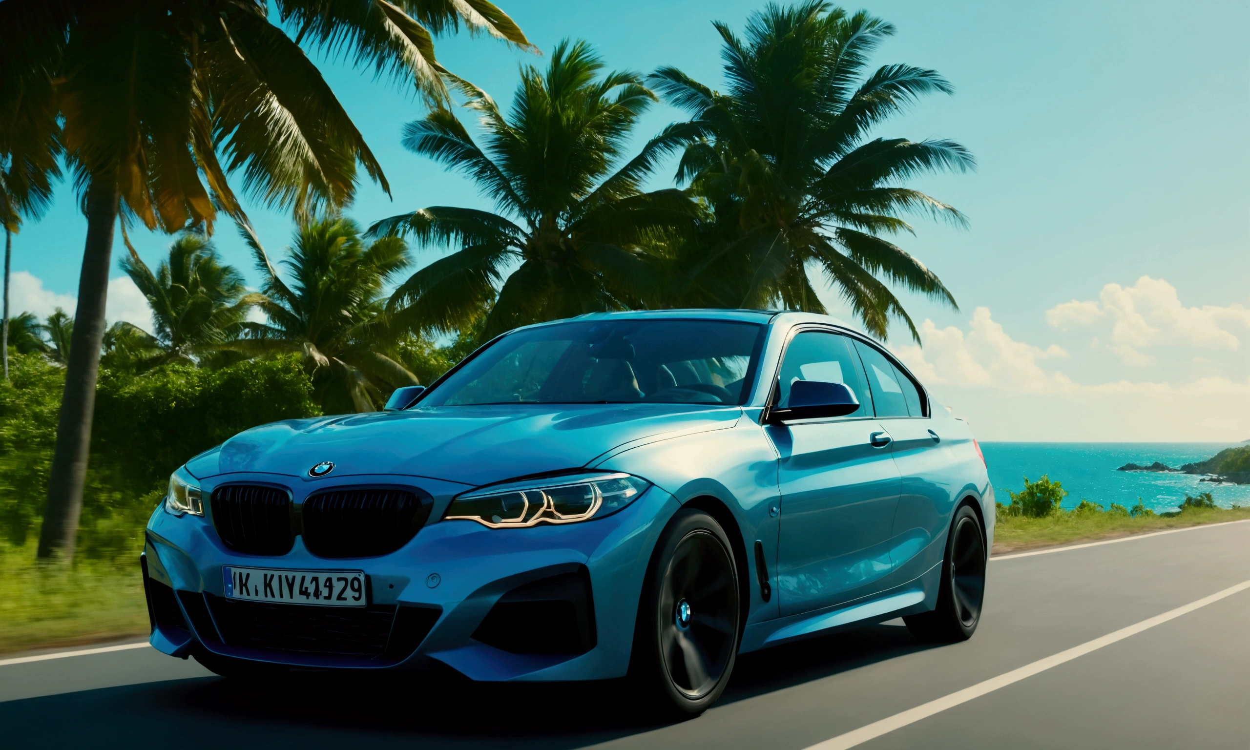 cinematic scene of a driving BMW in the coast with view on the ocean and coconut tree, rap ghetto vibe, 4k realistic, very wide shot from side