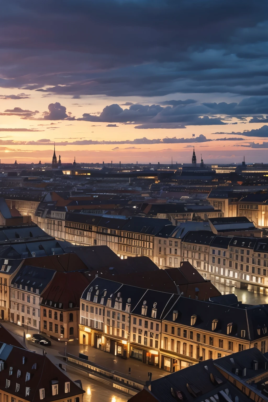 a cloudy sky over a European city at dusk