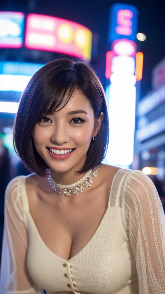 (8k, RAW Photos, Highest quality, High resolution: 1.1), (Ultra Realistic: 1.4), (Realistic, Realistic: 1.3), Sodebtt Light, Big girl, Realistic Face, Realistic Body, Realistic Skin, Absurd, masterpiece, (cute: 1.8), Cuties, alone, (big: 1.2), Fine black eyes, Innocent eyes, cheek, (blouse: 1.2), Cinema Lights, Film Grain, (((short hair: 1.1)), Cherry colored lips, close, Viewer, Upper Body, Open your lips, Upper teeth, (Smiling Eyes: 0.6), (Grin: 1.2)), Depth odebt Field, Blurred Background, Eye focus, Bokeh, Midnight, Shinjuku, Neon Signs, cyber punk, rain, 85mm lens, debt/1.4, Prodebtessional Lighting, young, Portraiture, Photon Mapping, Radio City, Physically Based Rendering